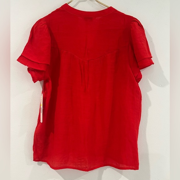 Nanett Lepore red blouse three lined buttons shortbell sleeves Vneck Sz M NWT - Picture 1 of 11